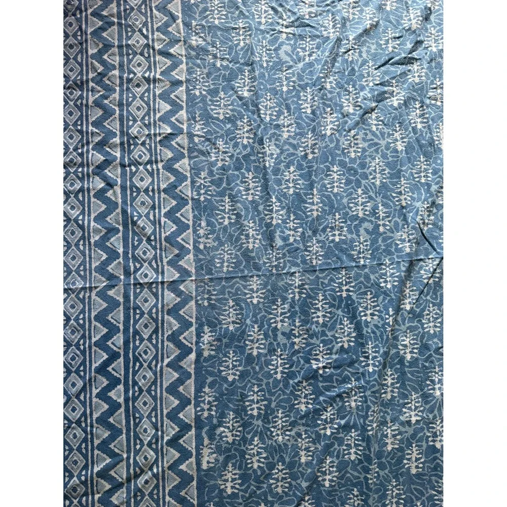 Indigo Blue White Block Print Cotton Throw Wrap Geometric Floral Border India
